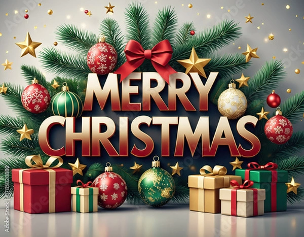 Obraz Merry Christmas Text with Festive Ornaments, Pine Branches and Gift Boxes