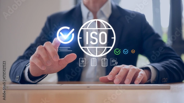 Fototapeta Businessman typing on keyboard working with Iso quality management system iso certification iso standards iso audit iso compliance and standards process