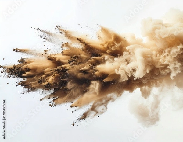 Obraz Abstract Brown Powder Explosion with Dynamic Smoke Effect on White Background