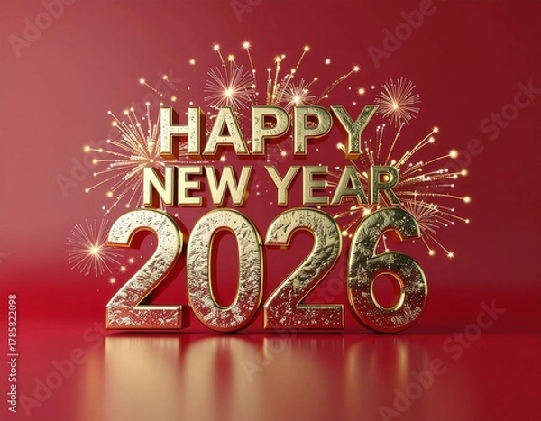 Obraz Happy New Year 2026 Golden Text with Fireworks on Red Background