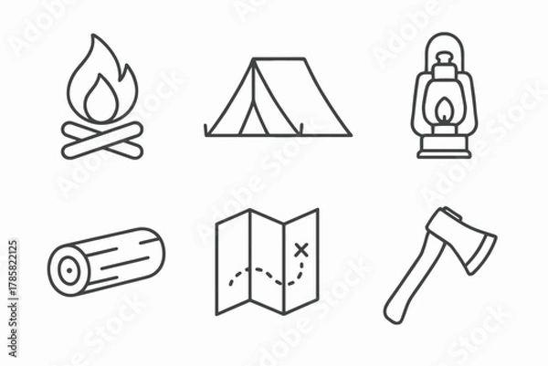 Fototapeta Camping outdoors essentials: tent, campfire, lantern, axe, map, log icons