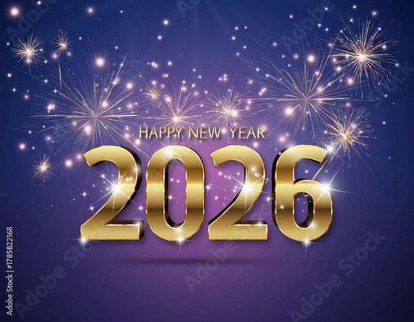 Obraz Happy New Year 2026 Neon Text with Fireworks and Colorful Dancing Silhouettes
