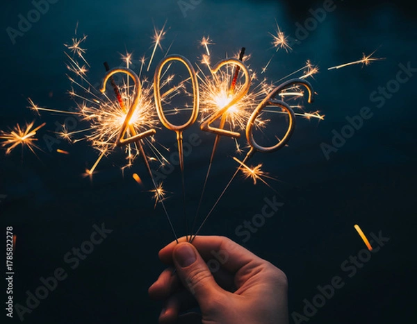 Obraz 2026 Sparkler Numbers Held by Hand with Glowing Fireworks