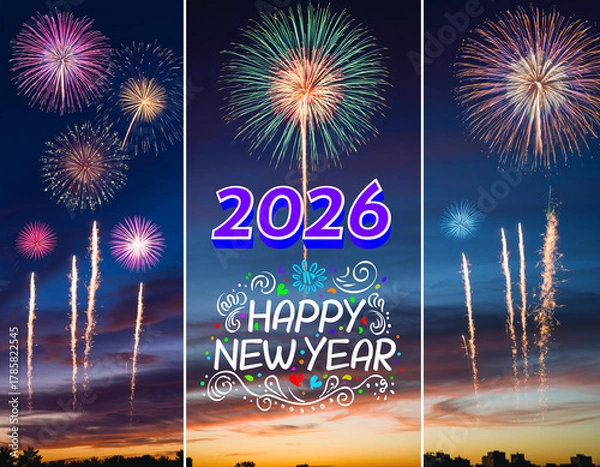 Obraz Happy New Year 2026 Fireworks Collage with Festive Night Sky