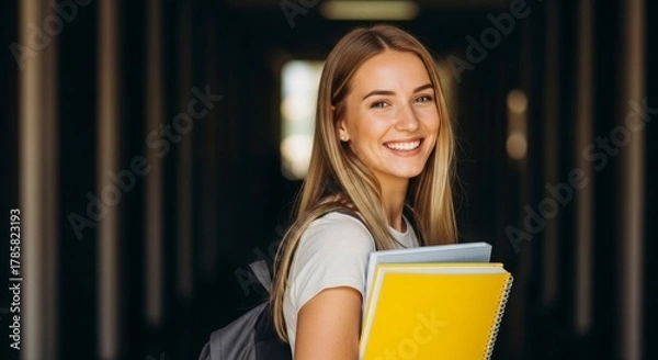 Fototapeta Radiant Study Hall: A cheerful female student, adorned with a warm smile, strides confidently through a college hallway, embracing the journey of learning. 