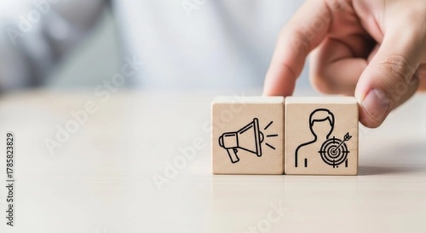 Fototapeta Targeted Audience: An individual places two wooden blocks together, depicting a megaphone symbol alongside a person with a target, symbolizing precise audience targeting.