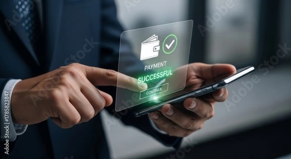Fototapeta Mobile Payment: A businessperson's hand interacts with a smartphone.