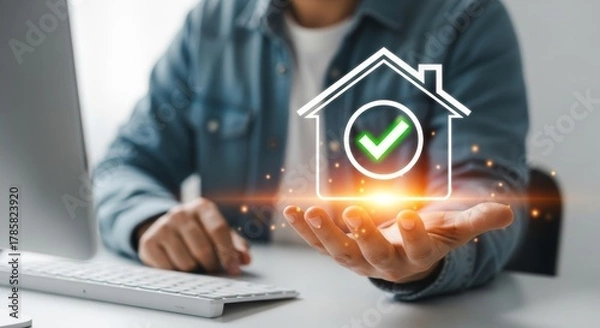 Fototapeta Home Assurance: A person's hand tenderly cradles a virtual home icon illuminated with a glowing checkmark, a beacon of assurance and accomplishment, signaling approval.