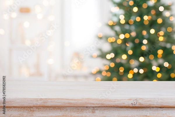 Fototapeta Bleached wood table top for your product presentation on deeply blurred Christmas fir tree lights interior background