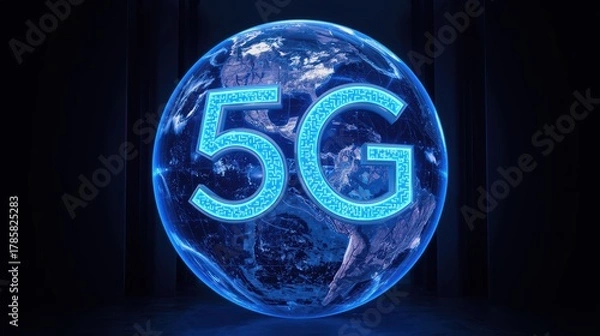 Fototapeta 5G on a glowing planet globe on a dark background - High-speed wireless technology, digital connectivity, IoT, future communication concept.