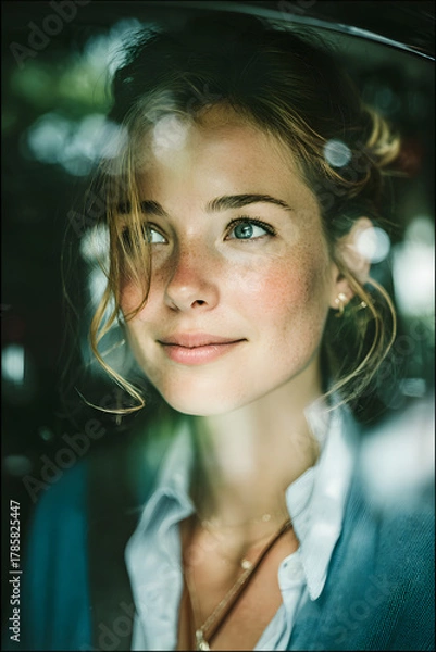 Obraz Dramatic explosion with fiery red light and flying debris in a dark urban setting, contrasted by thick blue smoke and glowing bokeh lights in the background.
