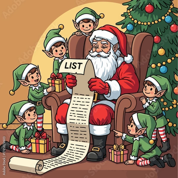 Fototapeta Santa Claus in his armchair reading a very long list with several elves helping him and holding gifts, a Christmas tree in the background.