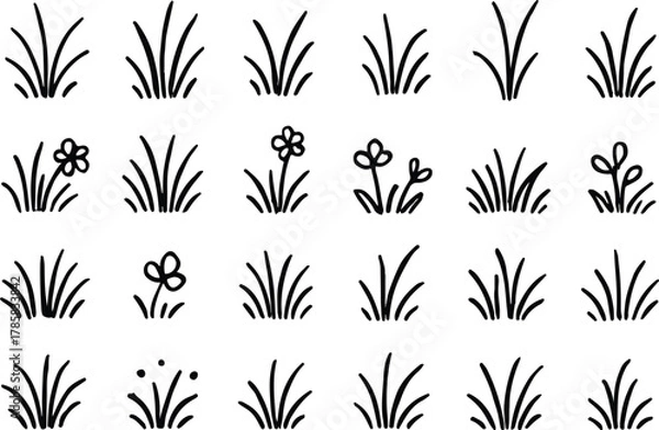 Fototapeta Collection of hand drawn grass tufts and small wildflowers in a silhouette style isolated on transparent background