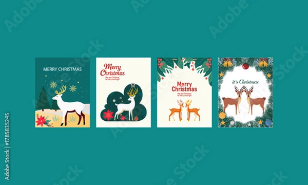 Obraz Set of four artistic Christmas cards featuring reindeer, snowflakes, and holiday foliage in whimsical styles, perfect for seasonal greetings and festive design projects.