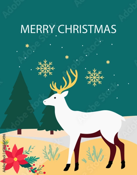 Obraz Elegant Illustrated Christmas Cards with Reindeer and Festive Decorations on Teal Background