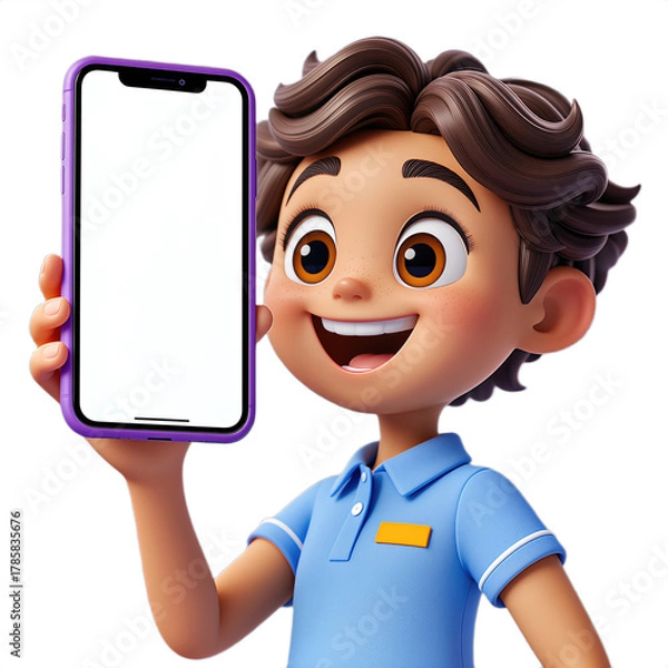 Fototapeta 3D Boy Holding a Smartphone with a Blank Screen