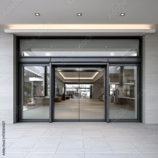 Fototapeta Modern glass shop door with black frame, automatic sliding entrance, bright interior, contemporary architecture, inviting and clean design