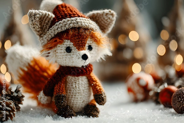 Obraz Adorable hand-crocheted bunny doll wearing a red Santa hat and scarf, surrounded by festive holiday lights and Christmas ornaments in a cozy winter setting.
