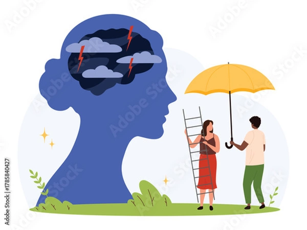 Fototapeta Concept of mental health support with people helping to overcome emotional storms, symbolizing care, empathy, and psychological assistance in a flat isolated vector illustration
