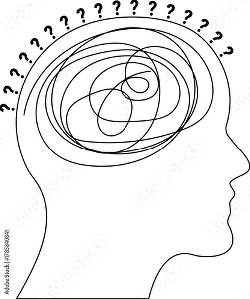 Fototapeta Outline Human Head Messy Brain Scribble Question Marks Confusion Anxiety Vector Art