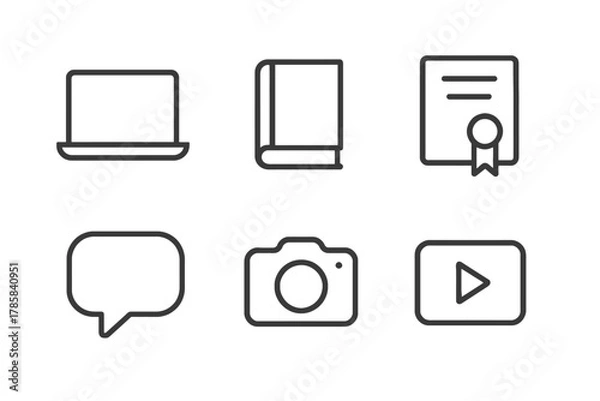 Fototapeta Minimalist icons of laptop, book, certificate, chat, camera, and video play button