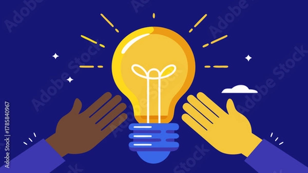Obraz Diverse hands reaching for a glowing light bulb symbolizing teamwork and innovation