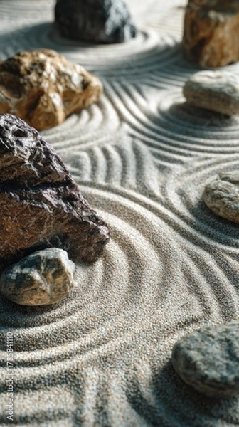 Fototapeta Zen garden with smooth sand patterns and arranged stones in natural daylight ideal for relaxation visuals, mindfulness concepts and spa design imagery