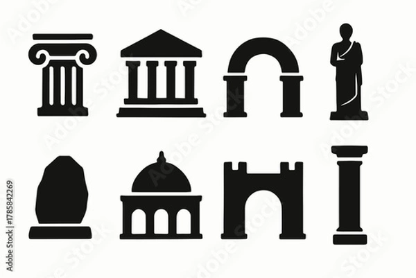 Fototapeta Silhouette icons of ancient architectural structures and sculptures