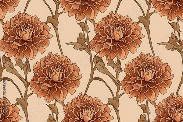 Obraz Seamless pattern with hand drawn dahlia flowers.