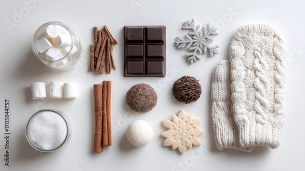Fototapeta Winter Comforts: An artistic arrangement of winter-themed treats, from cinnamon sticks to snowflake-shaped cookies, and a cozy mitten, invoking warmth and comfort during the colder months.