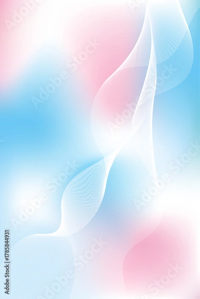 Fototapeta 縦構図　青とピンクのグラデーション　流れる白色のウェーブ　抽象的な背景イメージ素材