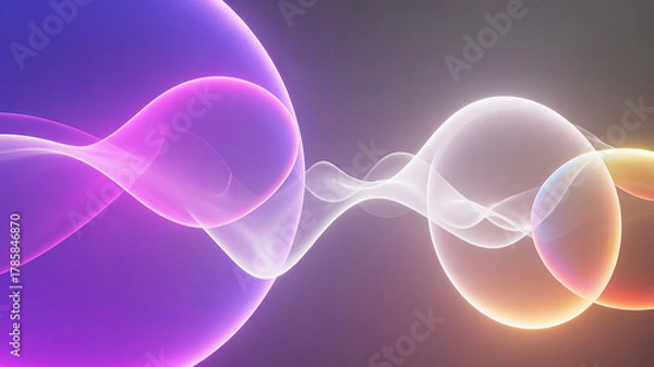 Fototapeta Abstract flowing luminous waves and bubbles in purple and orange gradient background