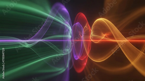 Fototapeta Abstract visualization of colorful sound waves or energy streams colliding and interacting in a dark environment