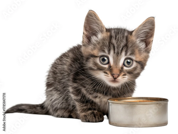 Obraz Little cat isolated, young kitten eating canned cat food, adorable kitten close-up portrait, isolated on a transparent background, professional pet photography, pet food advertising concept