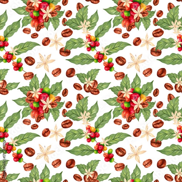 Fototapeta Seamless pattern of Arabica and Robusta coffee berries with beans, leaves, and flowers. Watercolor illustration. Hand drawn isolated art. International Coffee Day. Background for fabric and textiles