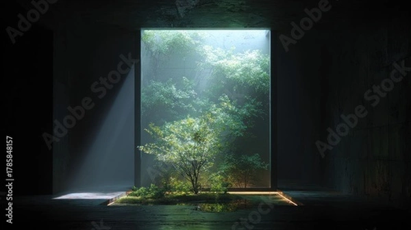 Fototapeta Nature's Portal: An awe-inspiring perspective of nature, where the natural world has taken center stage in an interior composition with a portal.