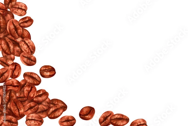 Fototapeta Horizontal frame of coffee beans. The aroma of Robusta, Arabica. Watercolor, marker illustration. Template with space for text for cafes, restaurant. International Coffee Day. Hand drawn isolated art