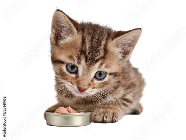 Obraz Little cat isolated, young kitten eating canned cat food, adorable kitten close-up portrait, isolated on a transparent background, professional pet photography, pet food advertising concept