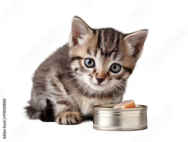 Obraz Little cat isolated, young kitten eating canned cat food, adorable kitten close-up portrait, isolated on a transparent background, professional pet photography, pet food advertising concept