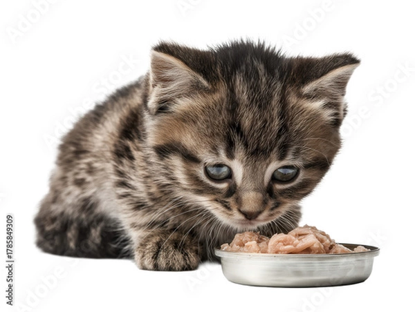 Obraz Little cat isolated, young kitten eating canned cat food, adorable kitten close-up portrait, isolated on a transparent background, professional pet photography, pet food advertising concept