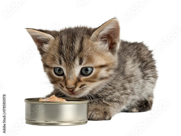 Obraz Little cat isolated, young kitten eating canned cat food, adorable kitten close-up portrait, isolated on a transparent background, professional pet photography, pet food advertising concept
