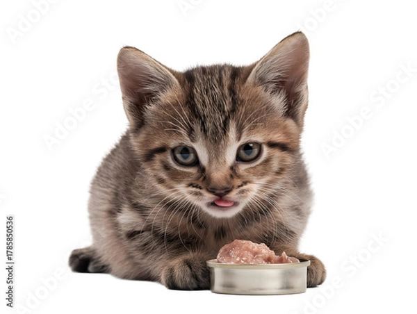 Obraz Little cat isolated, young kitten eating canned cat food, adorable kitten close-up portrait, isolated on a transparent background, professional pet photography, pet food advertising concept