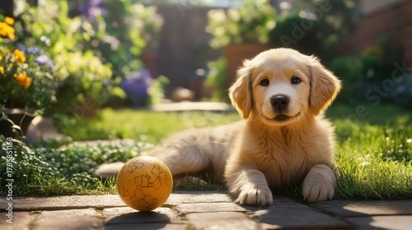 Fototapeta A playful golden retriever puppy happily engaging with a ball in a vibrant garden, showcasing ultra-detailed clarity and realism.