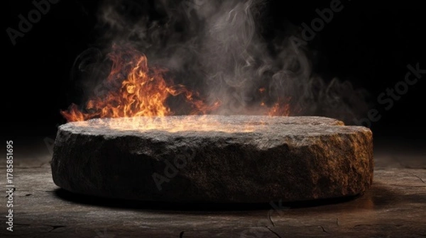 Fototapeta Fiery Altar: A mysterious fiery altar, with the flames licking the stone, an evocative image capturing an ancient ritual.
