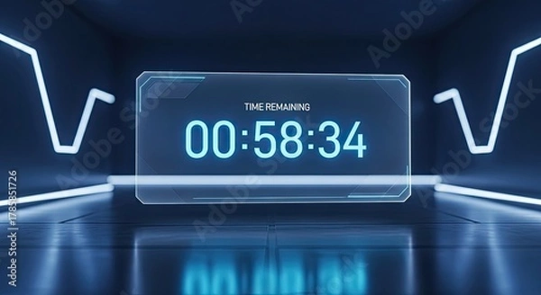 Fototapeta Futuristic digital countdown timer displaying 00:58:34 in a sleek, modern neon-lit environment, perfect for gaming events or technology launches