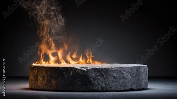 Fototapeta Burning Platform: A solitary stone platform engulfed in flames against a dark backdrop, symbolizing both transformation and destruction.