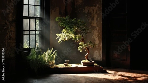 Fototapeta Serene Bonsai Display: A peaceful scene features a bonsai tree gracefully positioned by a window, with sunlight illuminating the delicate leaves and the serene atmosphere.