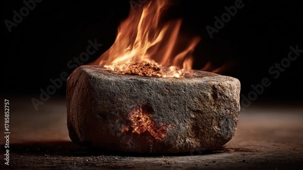 Fototapeta Embered Stone: An artistic portrayal of a stone hearth, the flames dance with a vibrant energy that exudes an atmosphere of warmth.