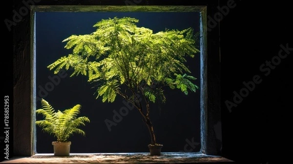 Fototapeta Botanical Oasis: A serene botanical composition framed by a window, showcasing two vibrant plants, capturing the intersection of nature and architecture. 