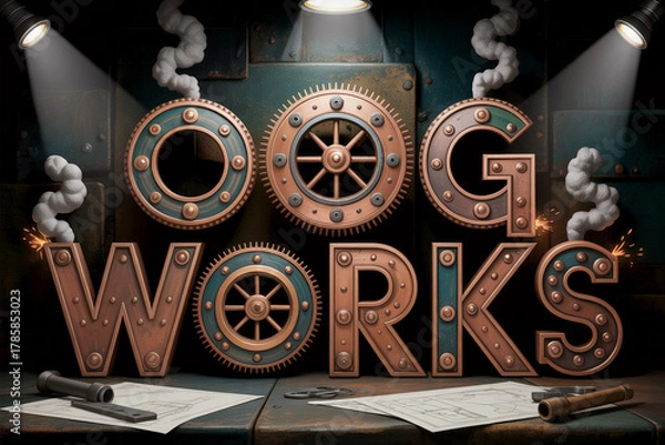 Fototapeta Steampunk design featuring OOG Works with gears and retro aesthetic that evokes vintage industry and creative innovation, perfect for unique branding or industrial themes